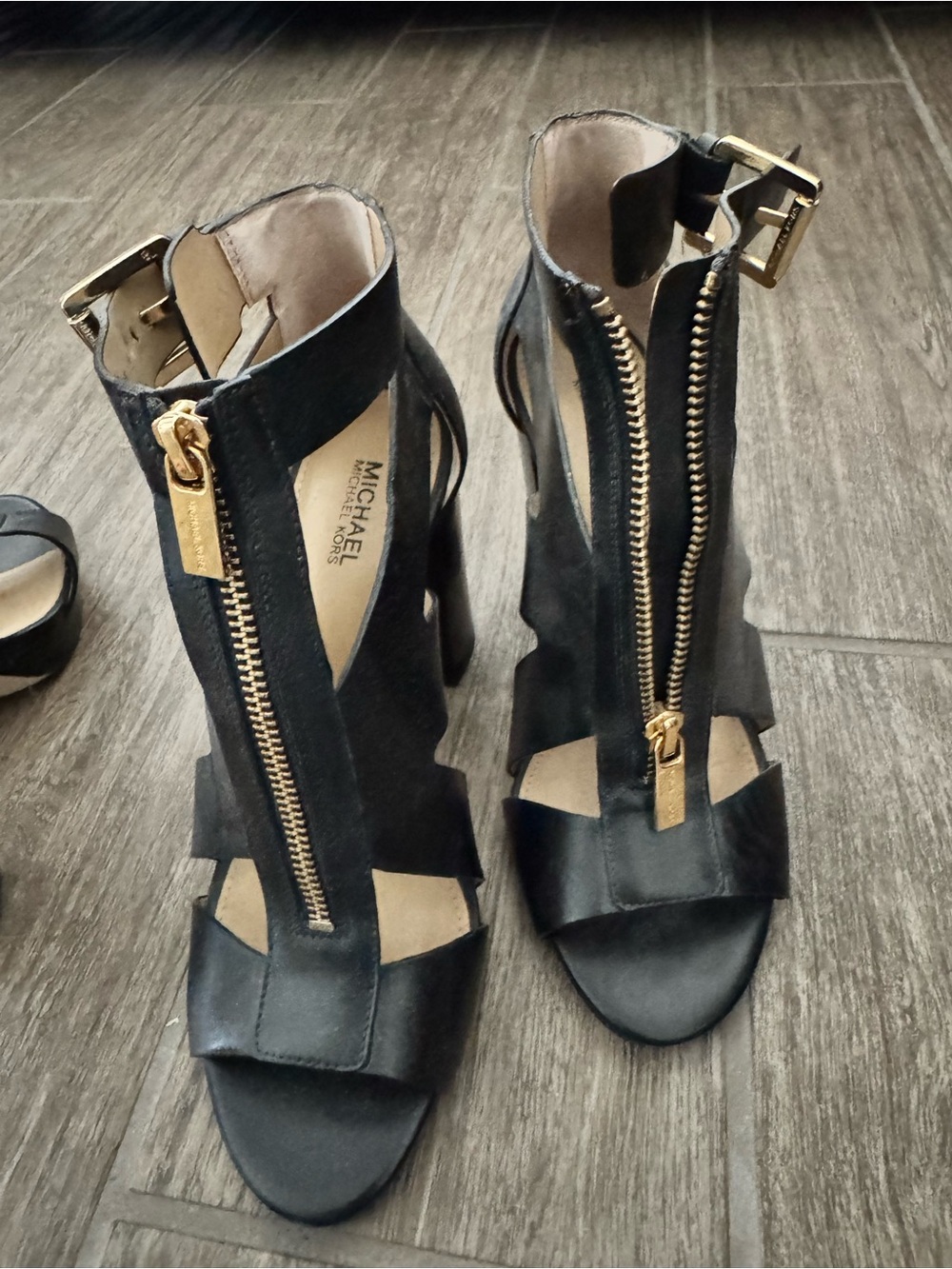 Michael Kors Black Leather Gold Zip Block Heel Sandals 7M